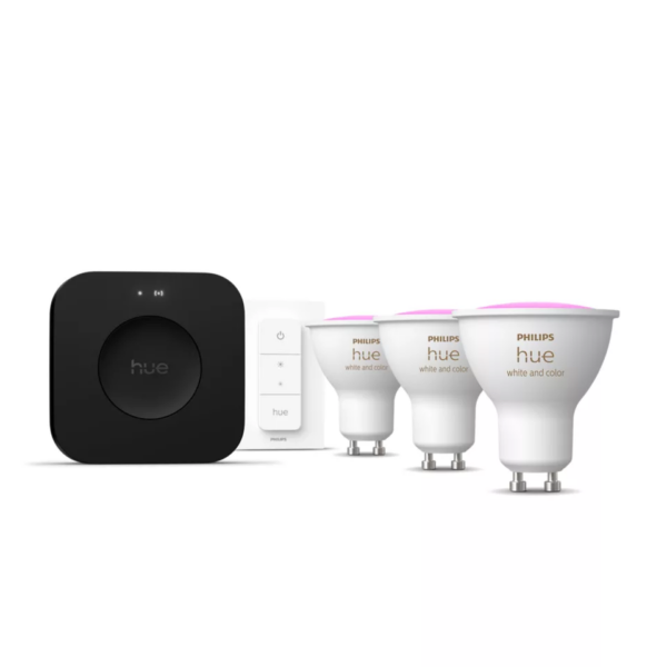 Philips Hue Starter set: 3 GU10 bulbs, dimmer switch, Hue Bridge Pro | GU10 | Zigbee, Wi-Fi, Bluetooth