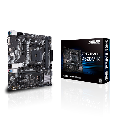Asus | PRIME A520M-K | Processor family AMD | Processor socket AM4 | DDR4 | Memory slots 2 | Supported hard disk drive interfaces M.2, SATA | Number of SATA connectors 4 | Chipset AMD A | Micro ATX