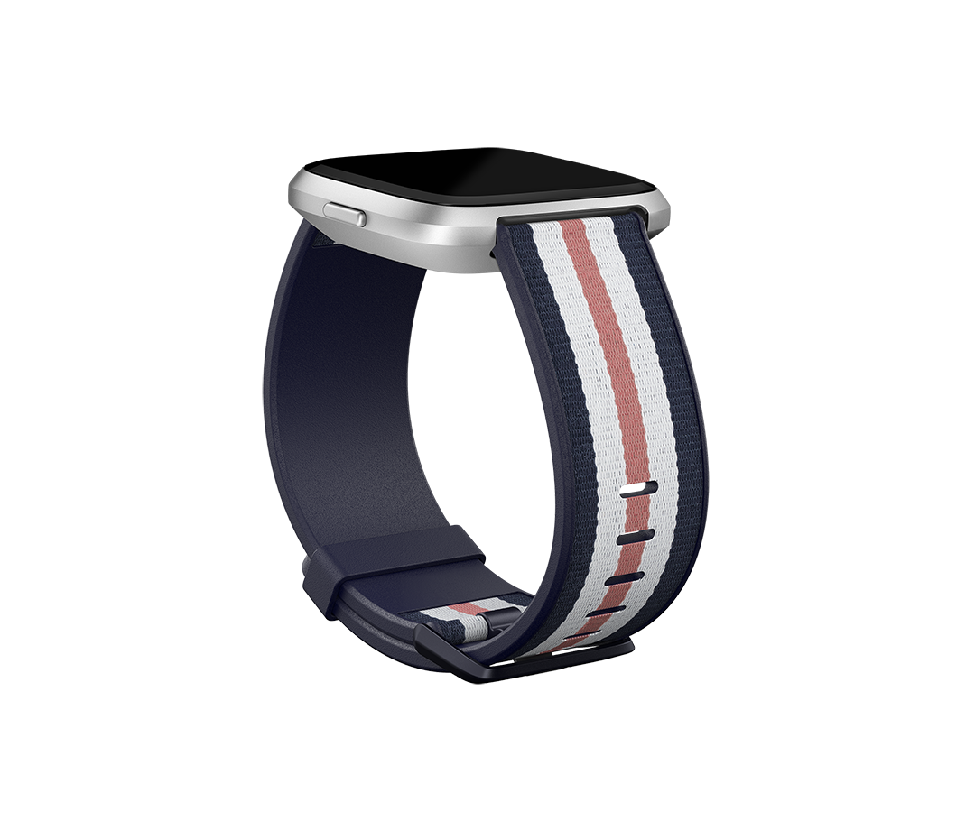 Fitbit | Versa-Lite Woven Hybrid Band, large, navy/pink | The Fitbit Versa woven hybrid band is made of polyester woven material on top and fluoroelastomer material on the bottom with an aluminium buckle. | The Fitbit Versa woven hybrid band is not water resistant. - Image 2
