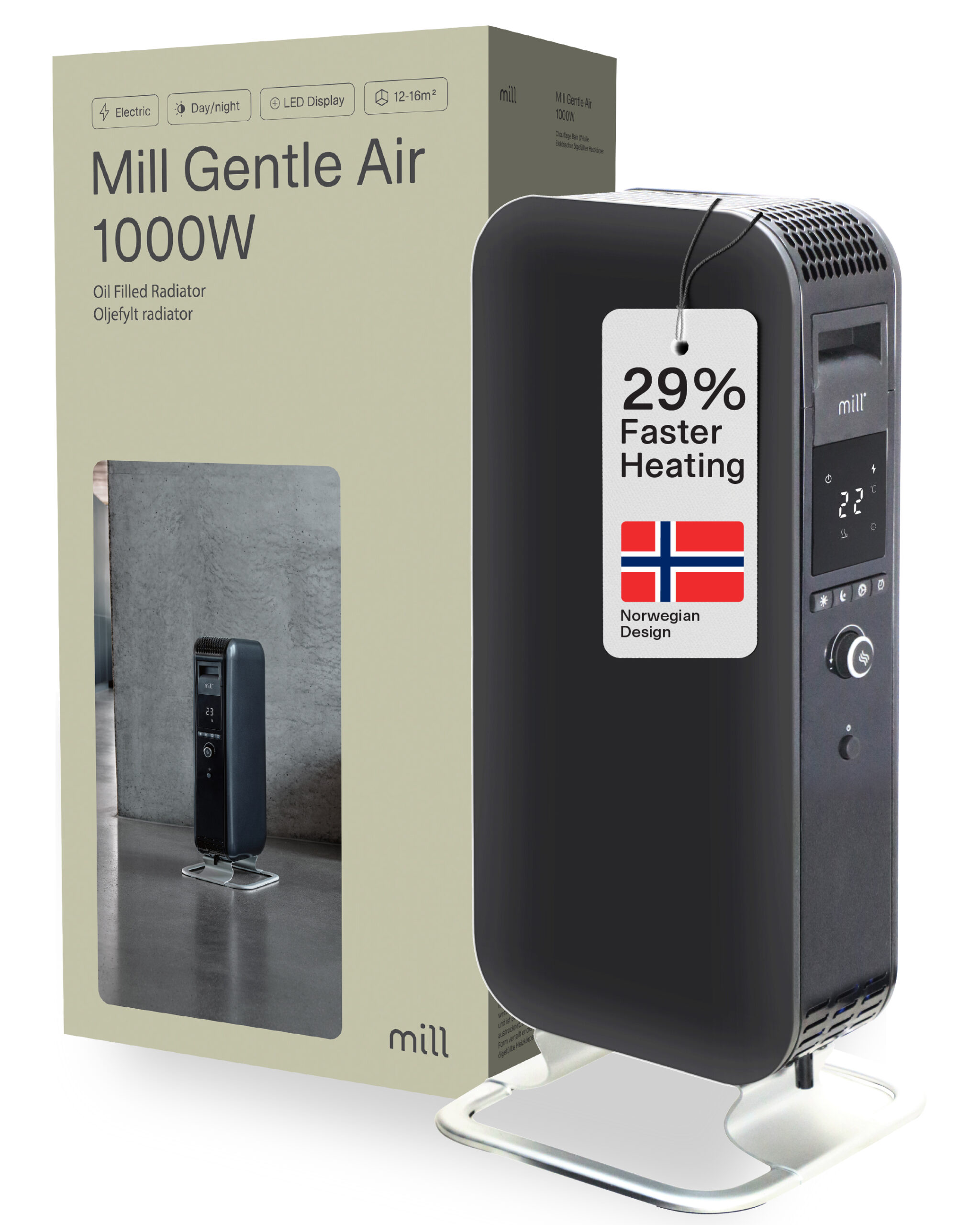 Mill | Heater | AB-H1000DN | Oil Filled Radiator | 1000 W | Number of power levels 3 | Suitable for rooms up to 12-16 m² | Black