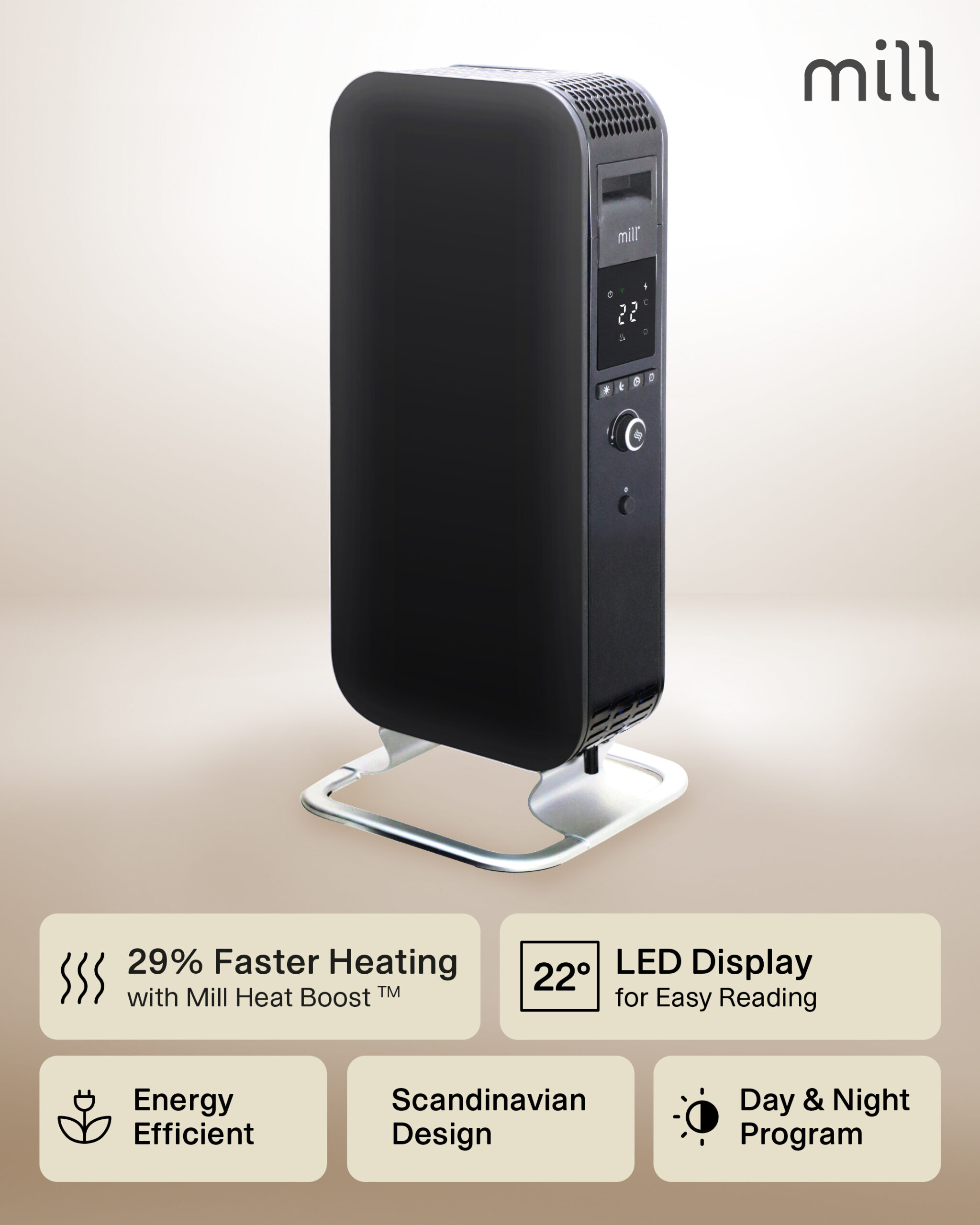 Mill | Heater | AB-H1000DN | Oil Filled Radiator | 1000 W | Number of power levels 3 | Suitable for rooms up to 12-16 m² | Black - Image 2