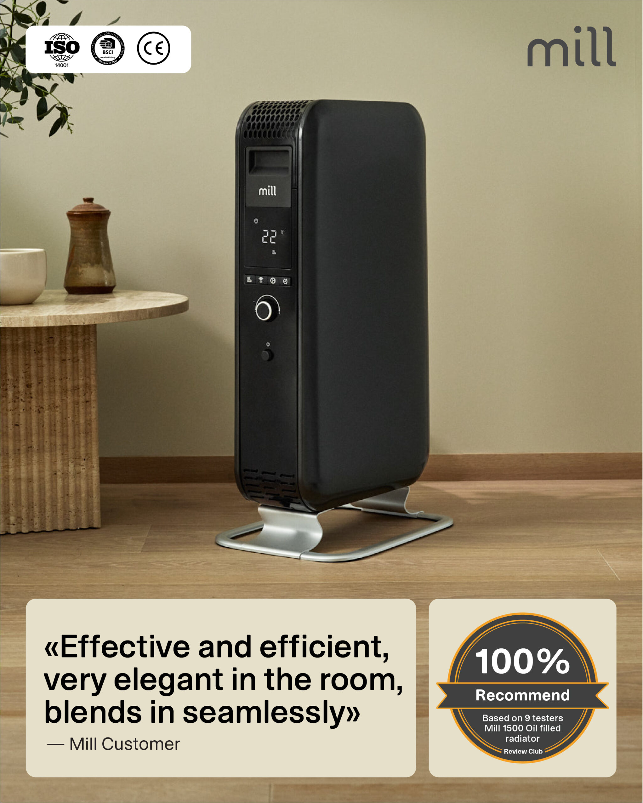 Mill | Heater | AB-H1000DN | Oil Filled Radiator | 1000 W | Number of power levels 3 | Suitable for rooms up to 12-16 m² | Black - Image 4