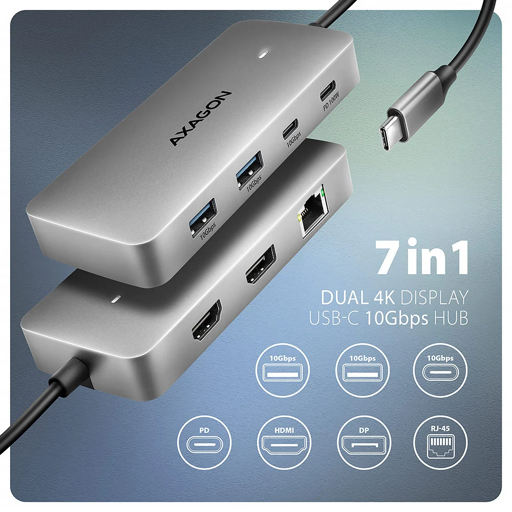 AXAGON USB-C 10Gbps DUAL 4K DISPLAY 7in1 hub | HMC-CUB83X2 - Image 2