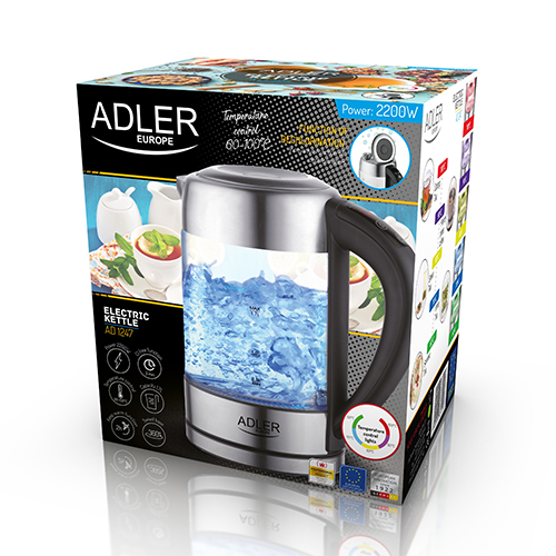Adler | Kettle | AD 1247 NEW | With electronic control | 1850 - 2200 W | 1.7 L | Stainless steel, glass | 360° rotational base | Stainless steel/Transparent - Image 2