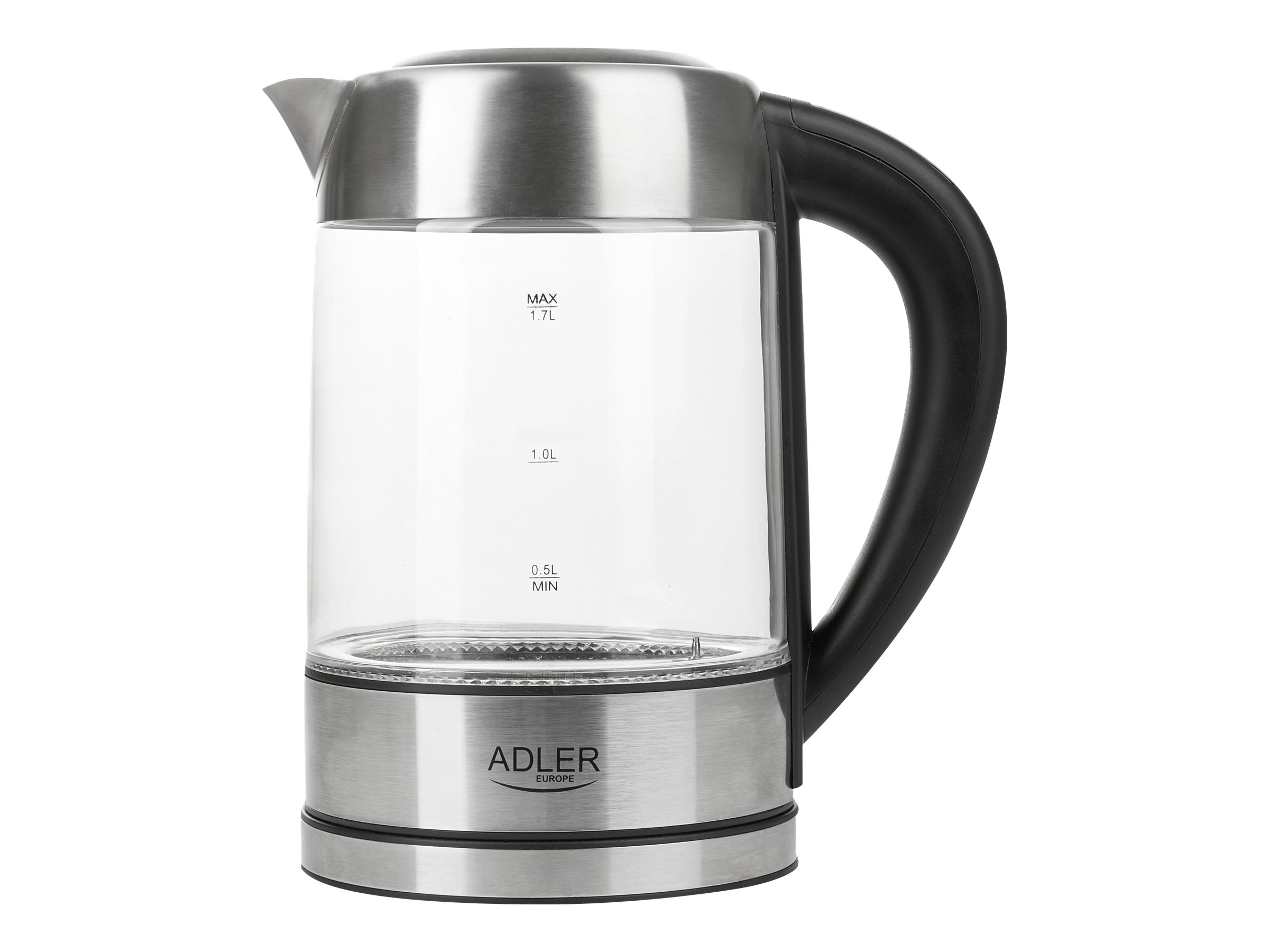 Adler | Kettle | AD 1247 NEW | With electronic control | 1850 - 2200 W | 1.7 L | Stainless steel, glass | 360° rotational base | Stainless steel/Transparent - Image 3