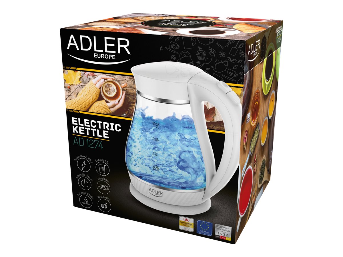 Adler | Kettle | AD 1274 | Electric | 2200 W | 1.7 L | Polypropylene/Glass | 360° rotational base | White - Image 8
