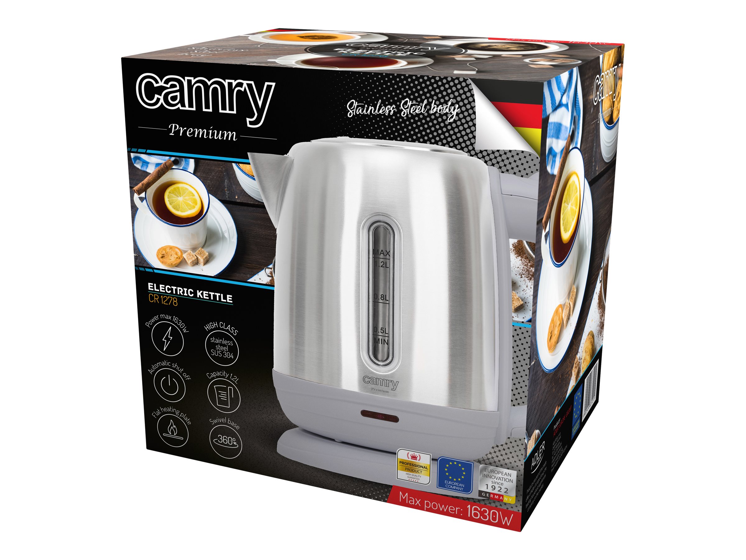 Camry | Kettle | CR 1278 | Standard | 1630 W | 1.2 L | Stainless steel | 360° rotational base | Stainless steel - Image 4