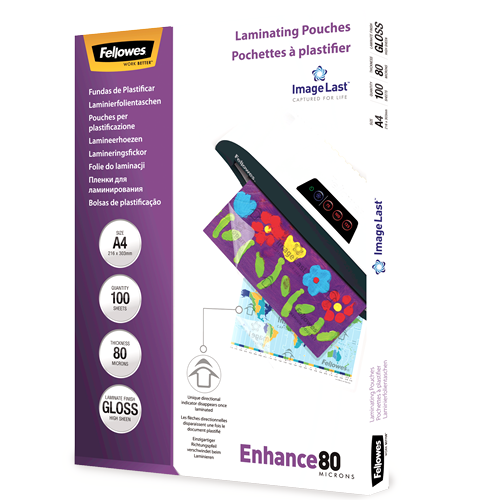 Fellowes | Laminating Pouch PREMIUM | A4 | Clear | Enhance 80 Micron thickness, 216x303 mm - A4, 100 pcs; Unique directional arrow quality mark disappears when laminated.