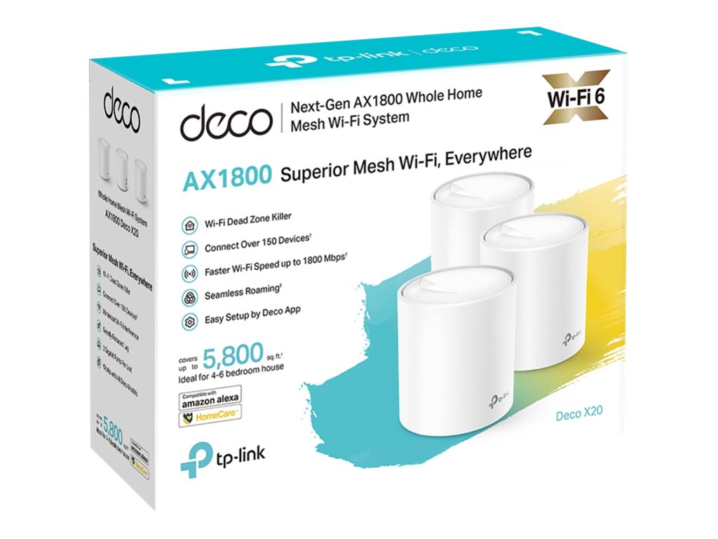 Whole-Home Wi-Fi System | Deco X20(3-pack) | 802.11ac | 1201 Mbit/s | 10/100/1000 Mbit/s | Ethernet LAN (RJ-45) ports 2 | Mesh Support Yes | No mobile broadband | Antenna type Internal - Image 6