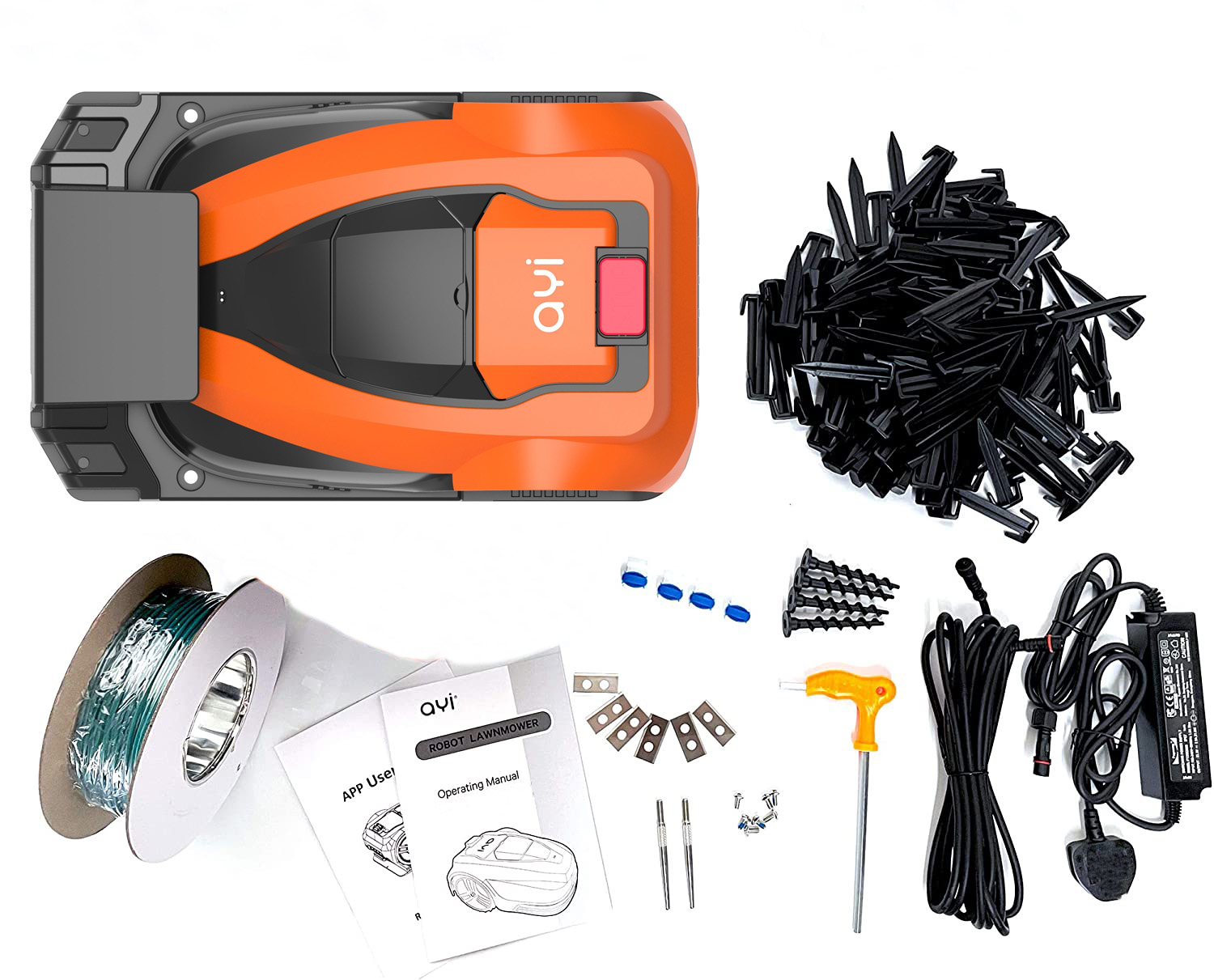AYI | Robot Lawn Mower | A1 600i | Orange/Black | Mowing Area 600 m² | WiFi APP Yes (Android; iOs) | Working time 60 min | Brushless Motor | Maximum Incline 37 % | Speed 22 m/min | Waterproof IPX4 | 68 dB | 2600 mAh | 120 m boundary wire; 120 pcs. staples; 9 x Cutting blades; 2 x Distance Gauges; 1 x Charging Station, 10 x Cutting Blade Screws, 1 x 5 m Extension Cord, 4 x Nails For Fixing Charging Station, 1 x Allen Key - Image 11