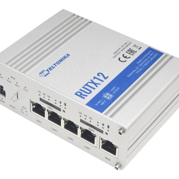 Dual LTE Cat 6 Router | RUTX12 | 802.11ac | 867 Mbit/s | 10/100/1000 Mbit/s | Ethernet LAN (RJ-45) ports 4 | Mesh Support No | MU-MiMO Yes | 4G | Antenna type 4xSMA for LTE, 2xRP-SMA for WiFi, 1xRP-SMA for Bluetooth, 1xSMA for GNNS | 1 x USB A