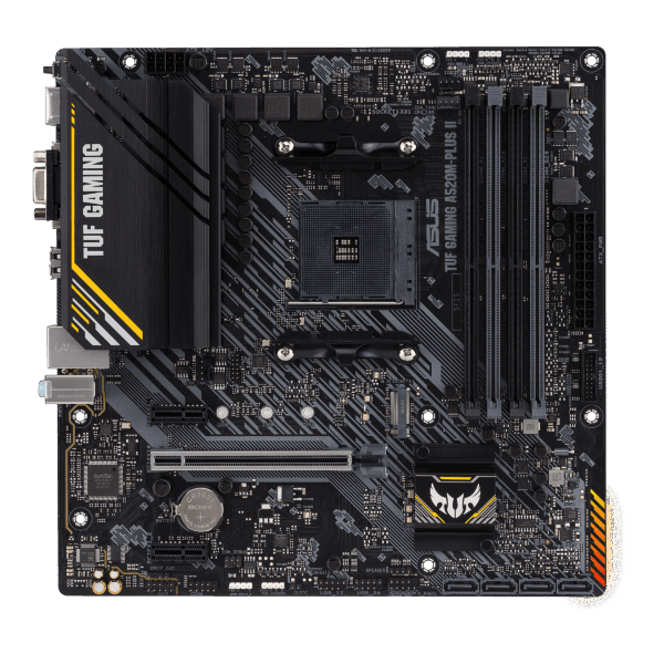 Asus | TUF GAMING A520M-PLUS II | Processor family AMD | Processor socket AM4 | DDR4 DIMM | Memory slots 4 | Supported hard disk drive interfaces 	SATA, M.2 | Number of SATA connectors 4 | Chipset  AMD A520 | Micro ATX