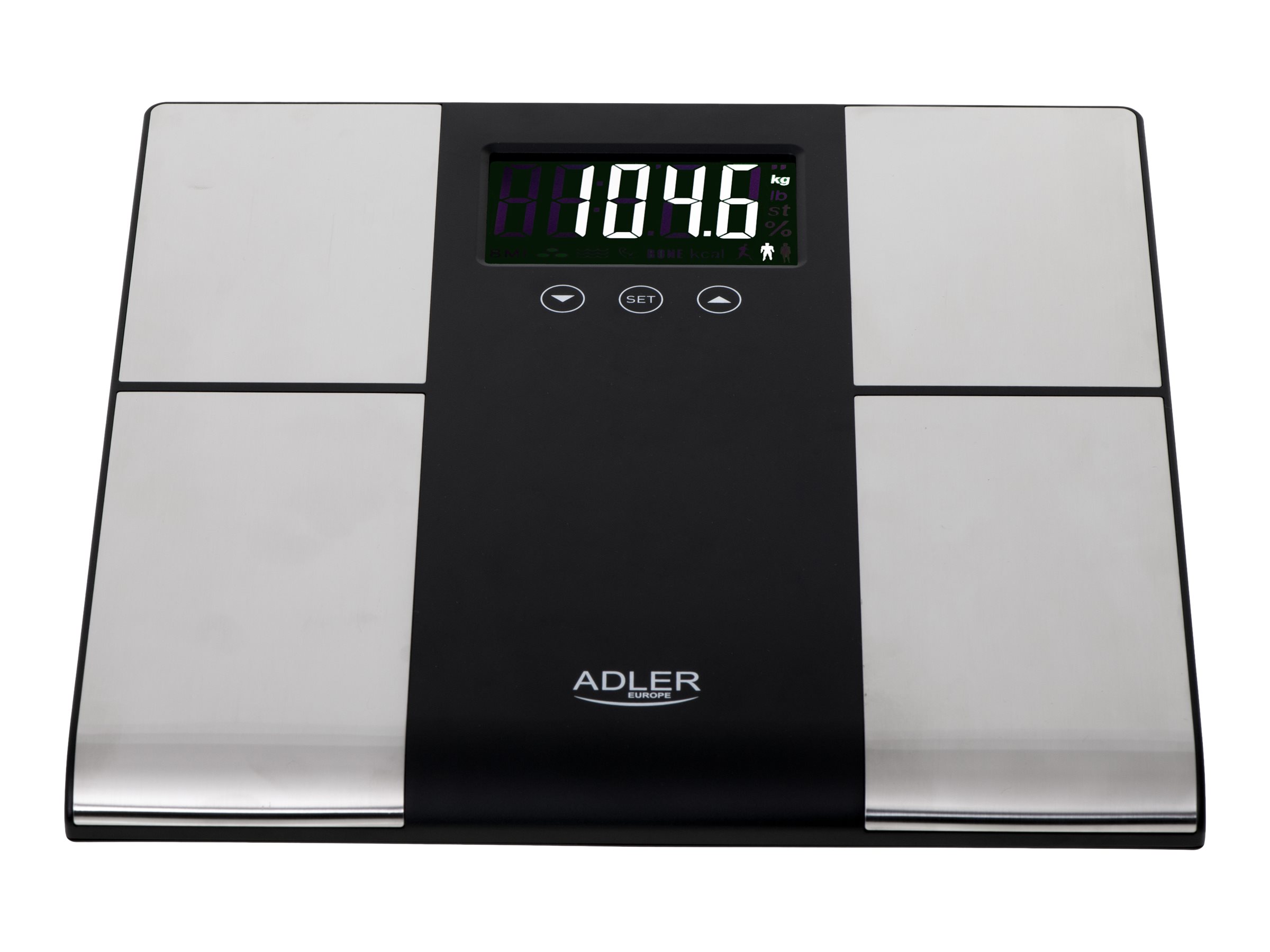 Adler | Bathroom scale with analyzer | AD 8165 | Maximum weight (capacity) 225 kg | Accuracy 100 g | Body Mass Index (BMI) measuring | Stainless steel/Black - Image 4