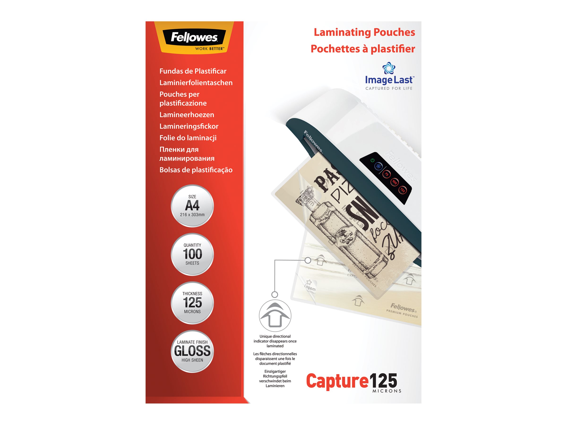 Fellowes | Laminating Pouch PREMIUM | A4 | Glossy | Thickness: 125 micron, Qty Per Pack: 100 pcs; Ideal for notices, craft materials, signage and frequently handled documents; Compatible with all laminator brands - Image 2