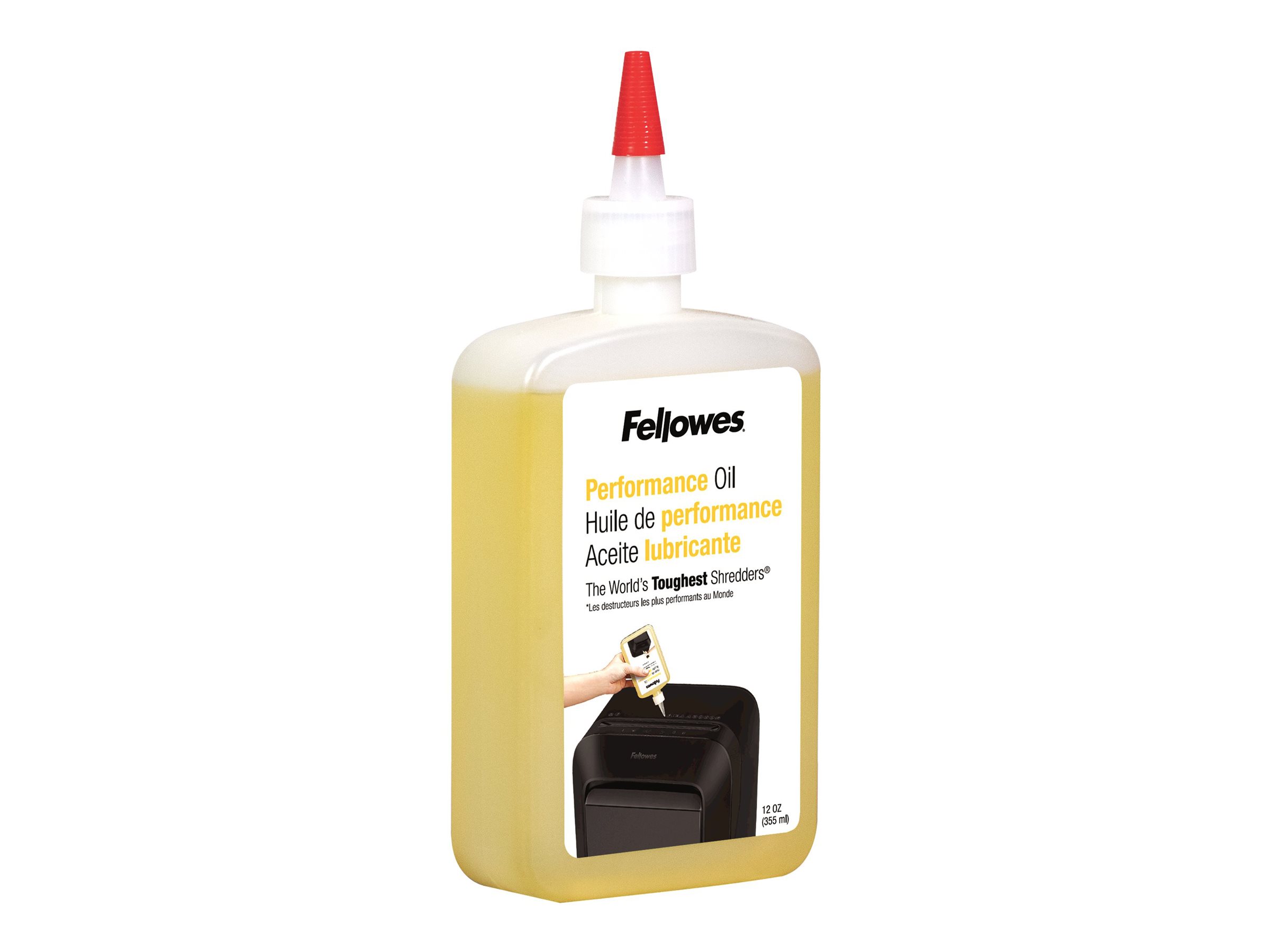 Fellowes | Shredder Oil 355 ml | For use with all Fellowes cross-cut and micro-cut shredders. Oil shredder each time wastebasket is emptied or a minimum of twice a month. Plastic squeeze bottle with extended nozzle ensures complete coverage - Image 3
