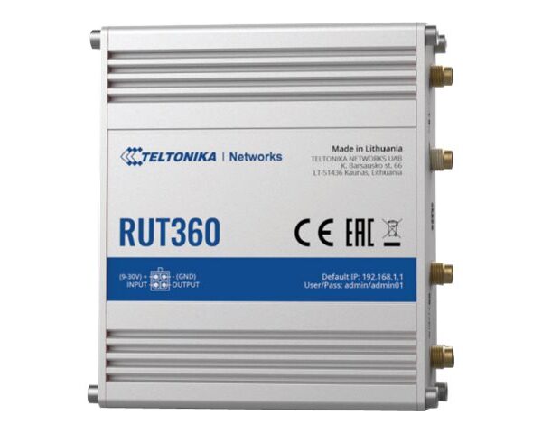 Industrial Cellular Router | RUT360 LTE CAT6 | 1 x LAN ports, 10/100 Mbps, compliance with IEEE 802.3, IEEE 802.3u standards, supports auto MDI/MDIX crossover Mbit/s | Ethernet LAN (RJ-45) ports 2 x RJ45 ports, 10/100 Mbps | Mesh Support No | MU-MiMO Yes | 3G/4G data sharing | Antenna type 2 x SMA for LTE, 2 x RP-SMA for WiFi