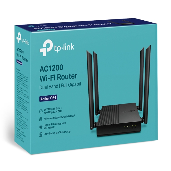 AC1200 Wireless MU-MIMO Wi-Fi Router | Archer C64 | 802.11ac | 867+400 Mbit/s | Ethernet LAN (RJ-45) ports 4 | Mesh Support No | MU-MiMO Yes | No mobile broadband | Antenna type 4 x Fixed - Image 6