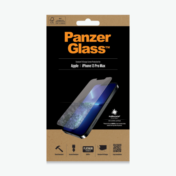 PanzerGlass | Clear Screen Protector | Apple | iPhone 13 Pro Max | Tempered glass | Antibacterial glass; Resistant to scratches and bacteria; Shock absorbing; Easy to install
