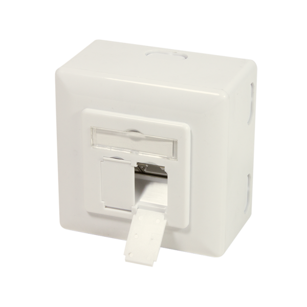 NP0006A Wall Outlet | Metal die-cast housing with strain relief; Horizontal cable entry with strain relief; Network wall outlet Cat.6 fully shielded, with surface back box | Pure White