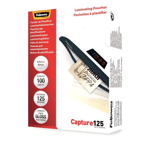 Fellowes | Laminating Pouch - 65x95mm | Glossy | Ideal for identity cards, credit cards, business cards and visitor cards; Capture 125 Micron thickness - providing an advanced level of document protection; Pack size of 100; Compatible with all laminator brands