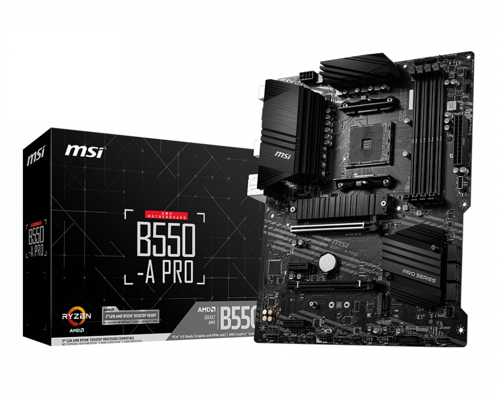 MSI | B550-A PRO | Processor family AMD | Processor socket AM4 | DDR4 DIMM | Memory slots 4 | Supported hard disk drive interfaces SATA, M.2 | Number of SATA connectors 6 | Chipset AMD B550 | ATX