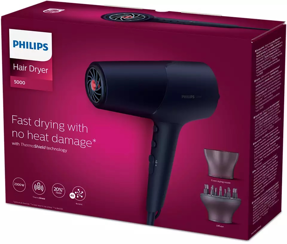 Philips | Hair Dryer | BHD510/00 | 2300 W | Number of temperature settings 3 | Ionic function | Diffuser nozzle | Blue/Metal - Image 7