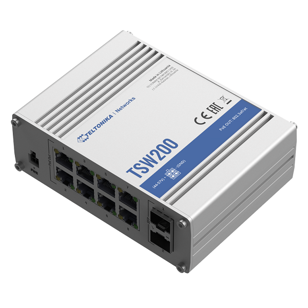 Teltonika | Ethernet Switch | TSW200 | Unmanaged | Desktop | Gigabit Ethernet (copper) ports quantity 8 | 10 Gbps (RJ-45) ports quantity 0 | SFP ports quantity 2 | SFP+ ports quantity 0 | Combo ports quantity 0 | Power over Ethernet (PoE) ports quantity 8 | Power supply type Ingress Protection Rating: IP30 | 24 month(s)