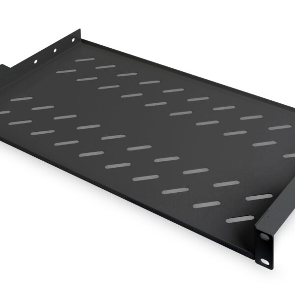 Digitus | Fixed Shelf for Racks | DN-19 TRAY-1-SW | Black | The shelves for fixed mounting can be installed easy on the two front 483 mm (19“) profile rails of your 483 mm (19“) network- or server cabinet. Due to their stable, perforated steel sheet with a high load capacity, they are the optimal surface for components which are not 483 mm (19”) suitable