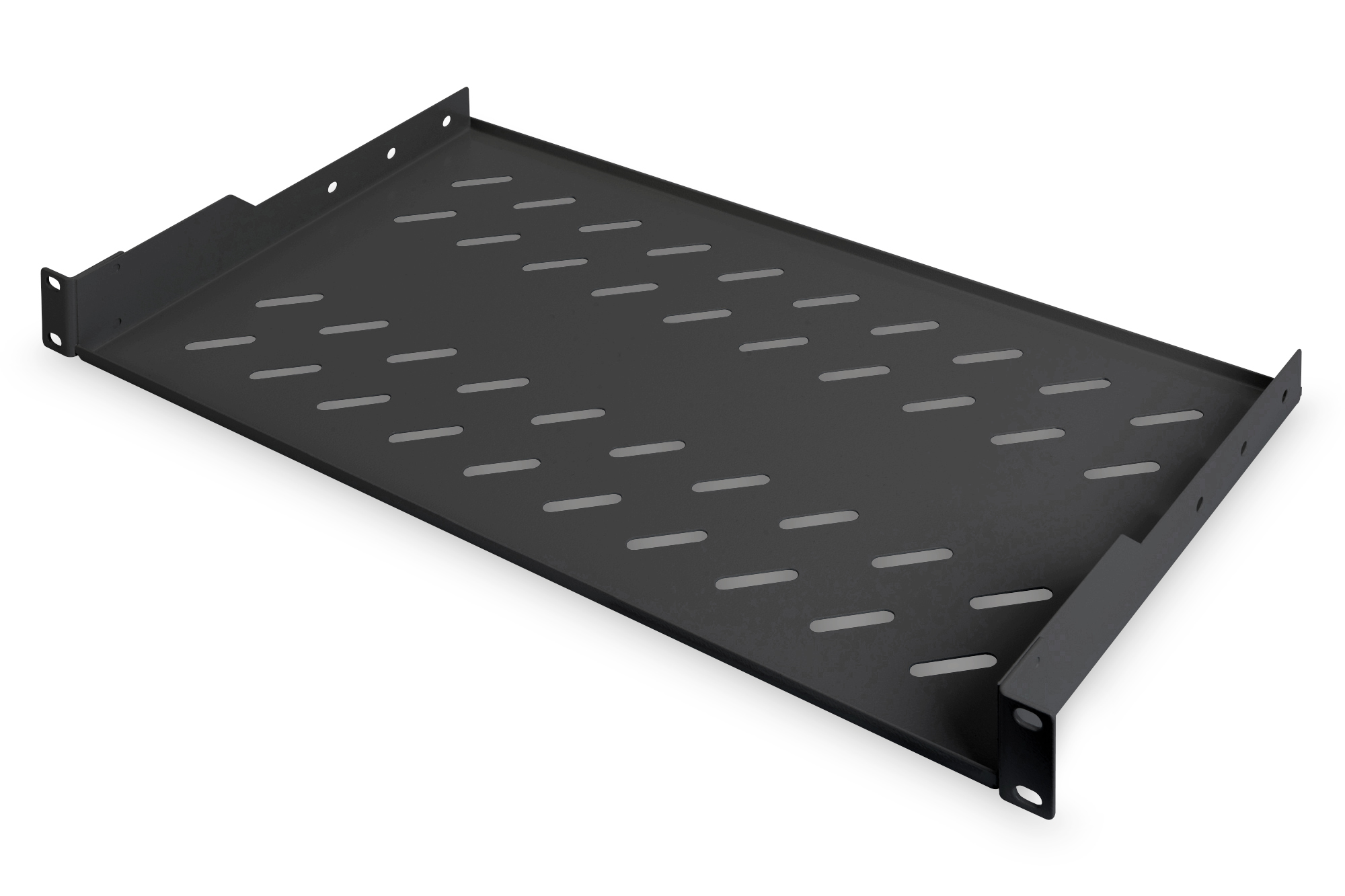 Digitus | Fixed Shelf for Racks | DN-19 TRAY-1-SW | The shelves for fixed mounting can be installed easy on the two front 483 mm (19“) profile rails of your 483 mm (19“) network- or server cabinet. Due to their stable, perforated steel sheet with a high load capacity, they are the optimal surface for components which are not 483 mm (19”) suitable | Black