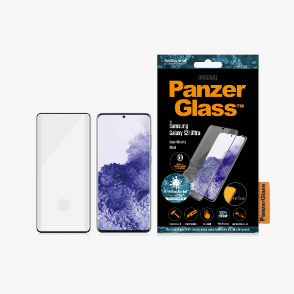 PanzerGlass | Samsung | Galaxy S21 Ultra Series | Antibacterial glass | Black | Case Friendly, Compatible with the in-screen fingerprint reader | Antifingerprint screen protector