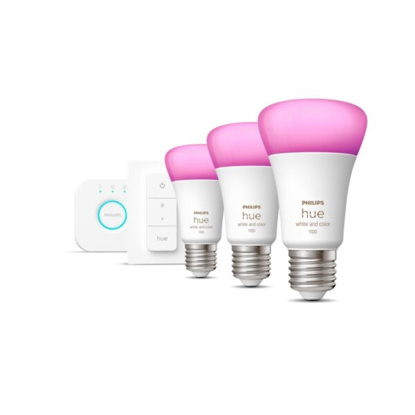 Hue WCA Starter Kit 9W A60 E27, 3pcs, Bridge, Switch | E27 | 9 W | RGBW 2000-6500K | Bluetooth and Zigbee