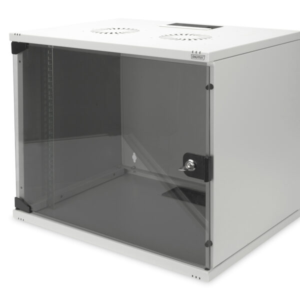 Digitus | 9U wall mounting cabinet | DN-19 09-U-S-1 | Grey | Safety class rating IP20. Lockable safety-glass door. 200° door opening angle. Front door: Glass door, single opening. Unmounted 460x540x400 mm. SOHO