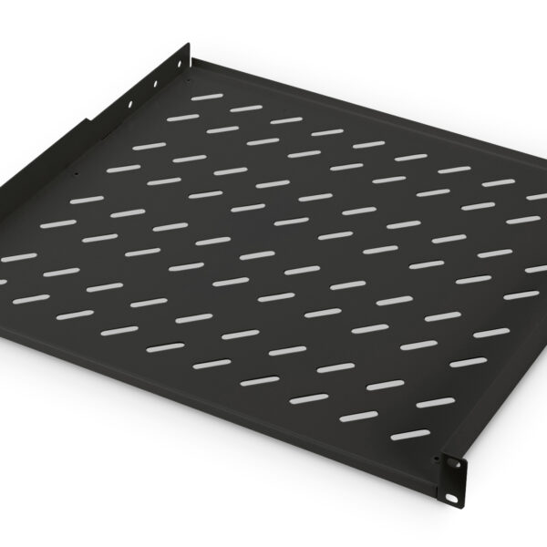 Digitus | 1U Fixed Shelf for Racks | DN-19 TRAY-1-400-SW | Black | The shelves for fixed mounting can be installed easy on the two front 483 mm (19“) profile rails of your 483 mm (19“) network- or server cabinet. Due to their stable, perforated steel sheet with a high load capacity, they are the optimal surface for components which are not 483 mm (19”) suitable