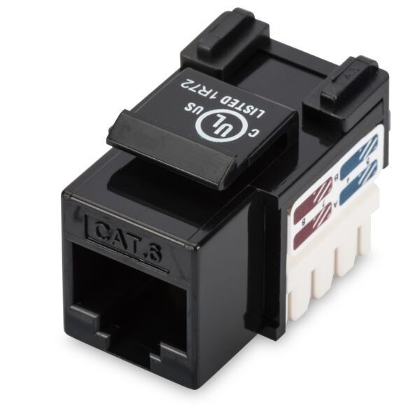 Class E CAT 6 Keystone Jack | DN-93601 | Unshielded RJ45 to LSA | Cable installation via LSA strips, color coded according to EIA/TIA 568 A & B; The Cat 6 keystone module supports transmission speeds of up to 1 GBit/s & 250 MHz in connection with cat 6 or higher network installation cables | Black