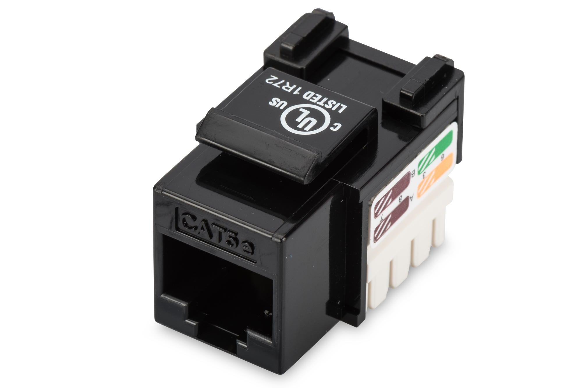 Class D CAT 5e Keystone Jack | DN-93501 | Unshielded RJ45 to LSA | Cable installation via LSA strips, color coded according to EIA/TIA 568 A & B; The Cat 5e keystone module supports transmission speeds of up to 1 GBit/s & 100 MHz in connection with cat. 5e or higher network installation cables | Black