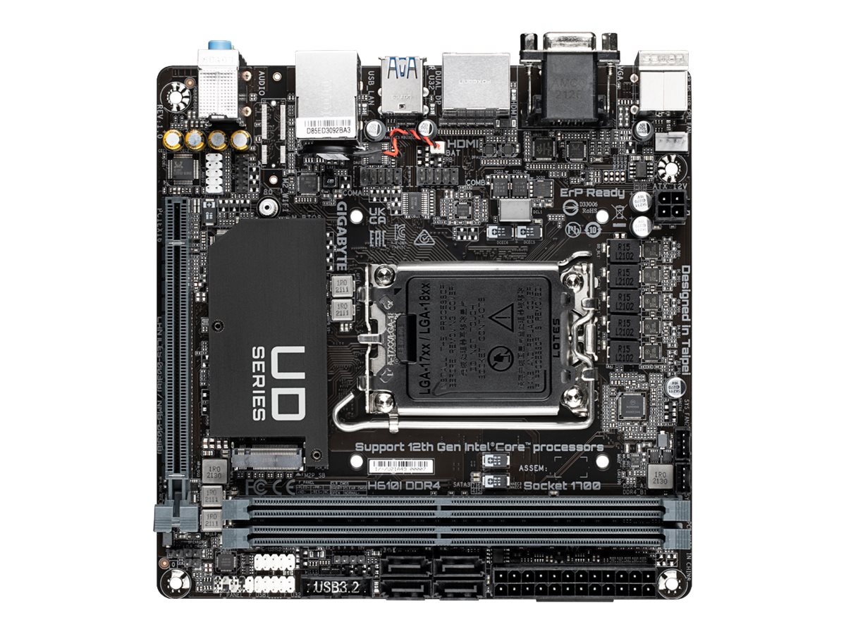 Gigabyte | H610I DDR4 1.0 M/B | Processor family Intel | Processor socket LGA1700 | DDR4 DIMM | Memory slots 2 | Supported hard disk drive interfaces SATA, M.2 | Number of SATA connectors 4 | Chipset Intel H610 Express | Mini-ITX - Image 2