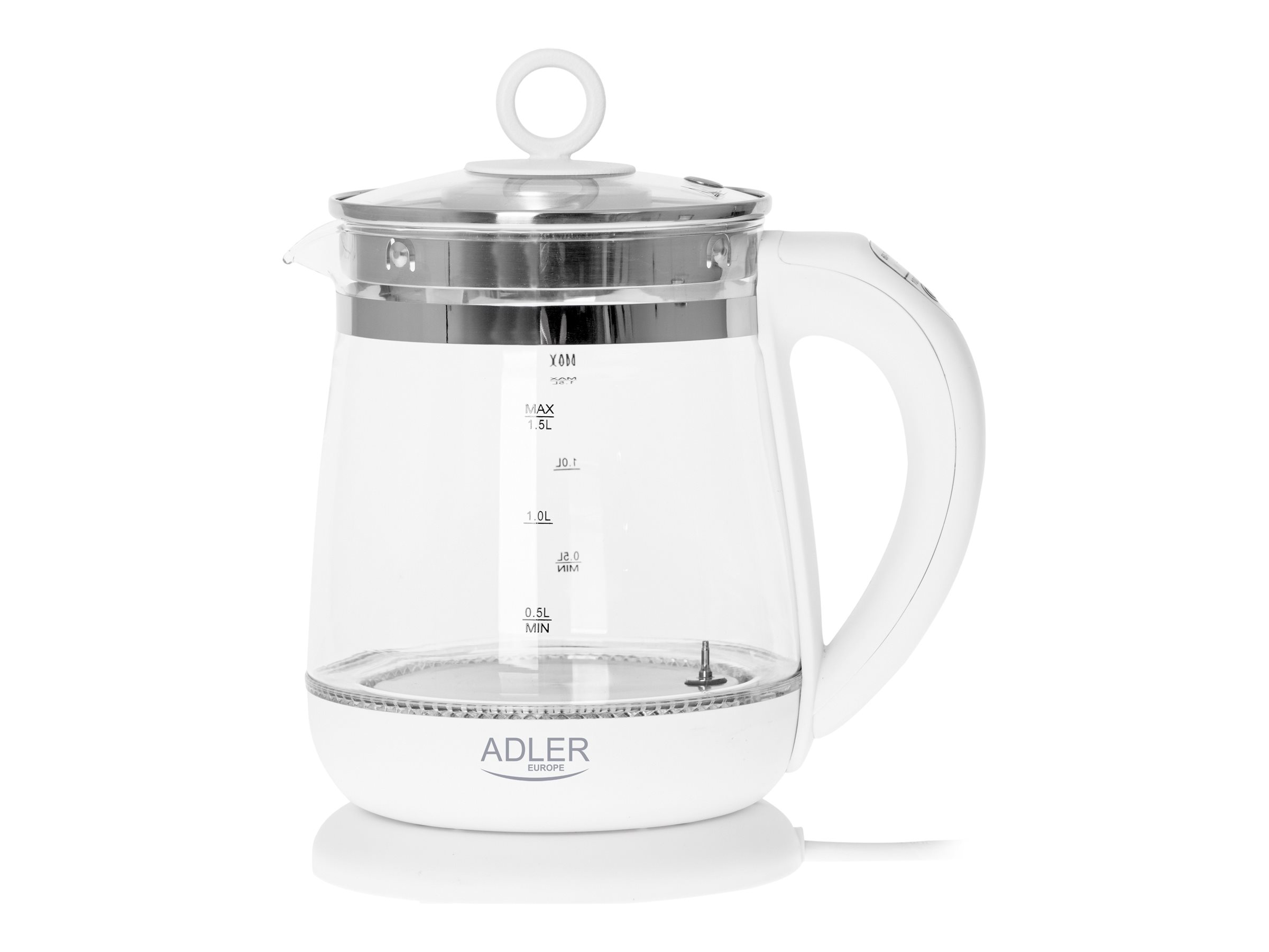 Adler | Kettle | AD 1299 | Electric | 2200 W | 1.5 L | Glass/Stainless steel | 360° rotational base | White - Image 2