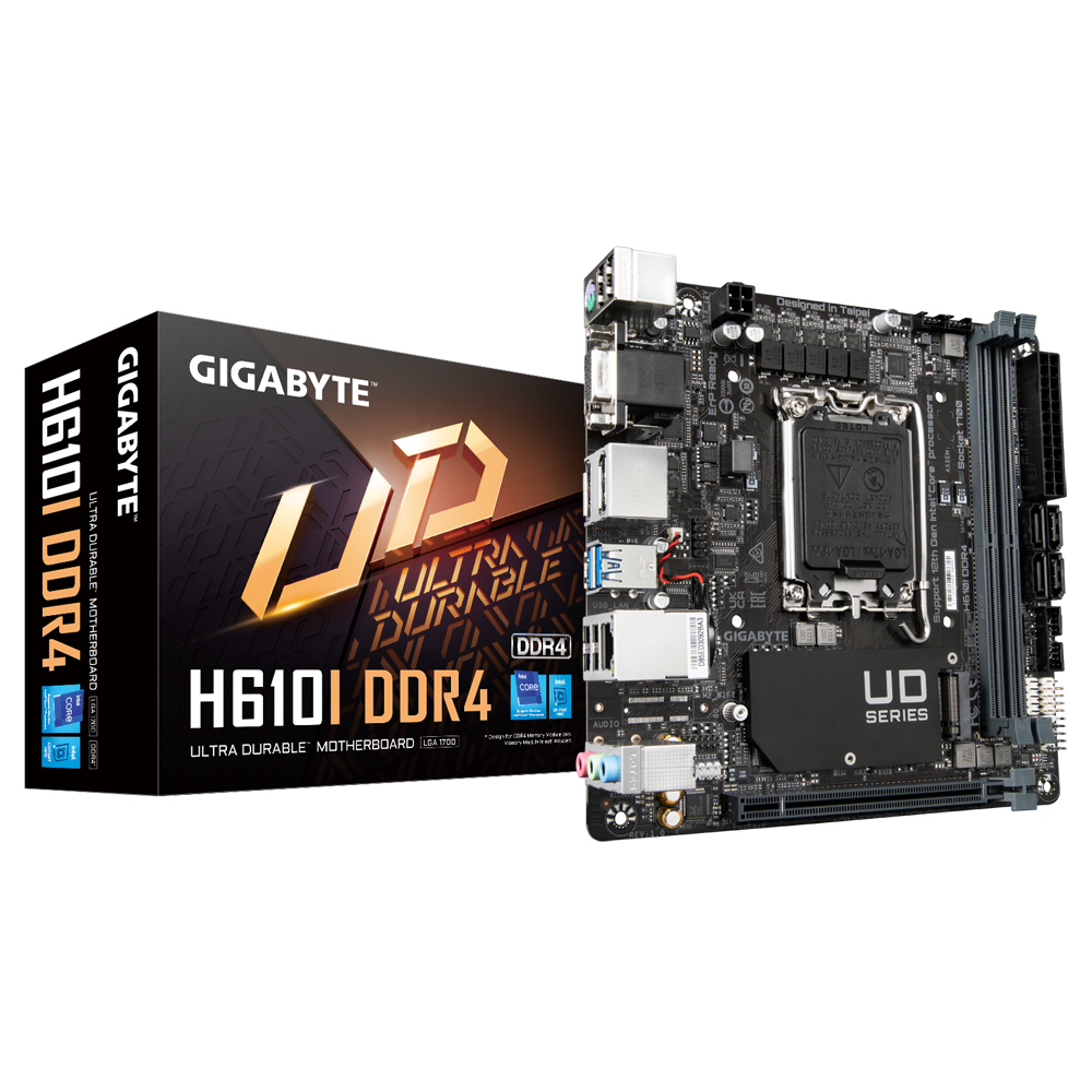 Gigabyte | H610I DDR4 1.0 M/B | Processor family Intel | Processor socket LGA1700 | DDR4 DIMM | Memory slots 2 | Supported hard disk drive interfaces SATA, M.2 | Number of SATA connectors 4 | Chipset Intel H610 Express | Mini-ITX
