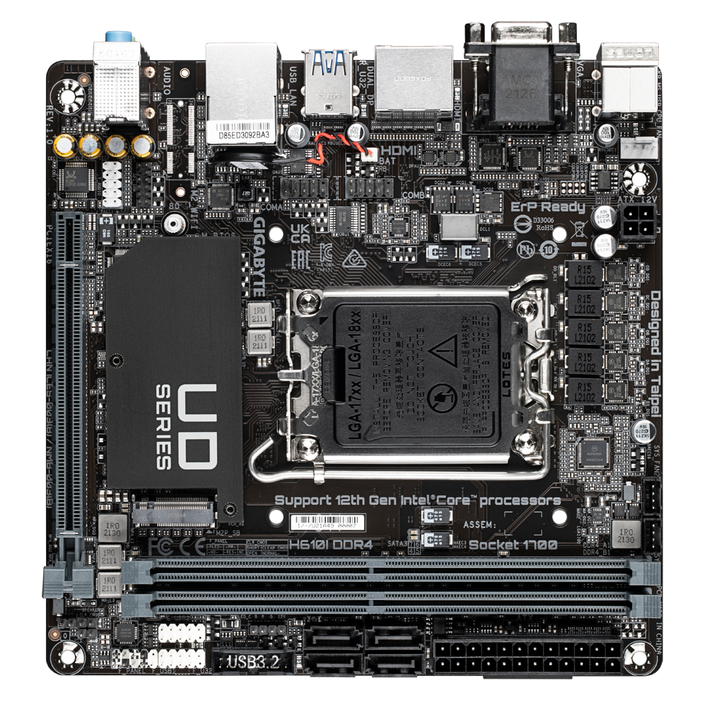 Gigabyte | H610I DDR4 1.0 M/B | Processor family Intel | Processor socket LGA1700 | DDR4 DIMM | Memory slots 2 | Supported hard disk drive interfaces SATA, M.2 | Number of SATA connectors 4 | Chipset Intel H610 Express | Mini-ITX - Image 3