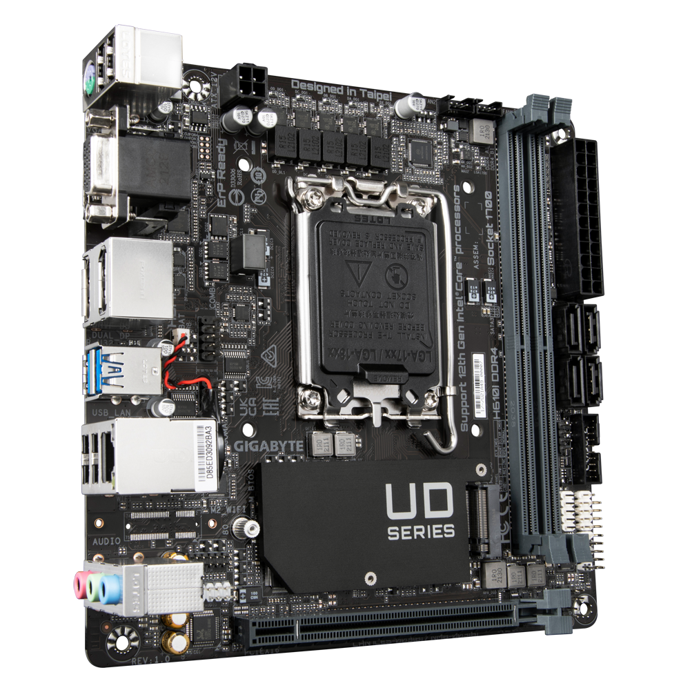 Gigabyte | H610I DDR4 1.0 M/B | Processor family Intel | Processor socket LGA1700 | DDR4 DIMM | Memory slots 2 | Supported hard disk drive interfaces SATA, M.2 | Number of SATA connectors 4 | Chipset Intel H610 Express | Mini-ITX - Image 5
