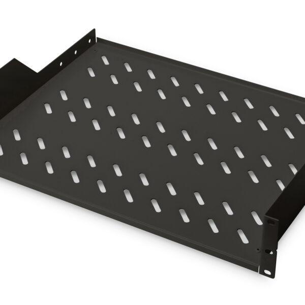 Digitus | 2U Fixed Shelf for Racks | DN-19 TRAY-2-SW | Black | Perfect for storage of components which are not 483 mm (19”) suitable. Slim design which takes space of 2 height units. Easy and quick to mount or dismount. Dimensions 88x482x349 mm, up to 25 kg