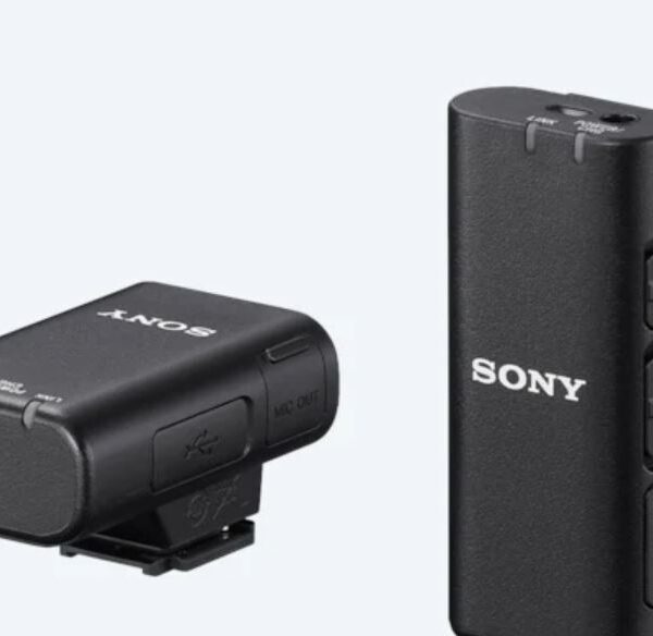 Sony | Wireless Bluetooth Microphone | ECM-W2BT | Omnidirectional; Clear, cable-free digital transmission; High-quality audio transmission from microphone to receiver; 9 hours battery life; Stable, uninterrupted audio recording; Safeguards to prevent recording failures; Product image showing the 3.5mm stereo mini-jack on top of the transmitter Expandability with 3.5mm stereo mini-jack