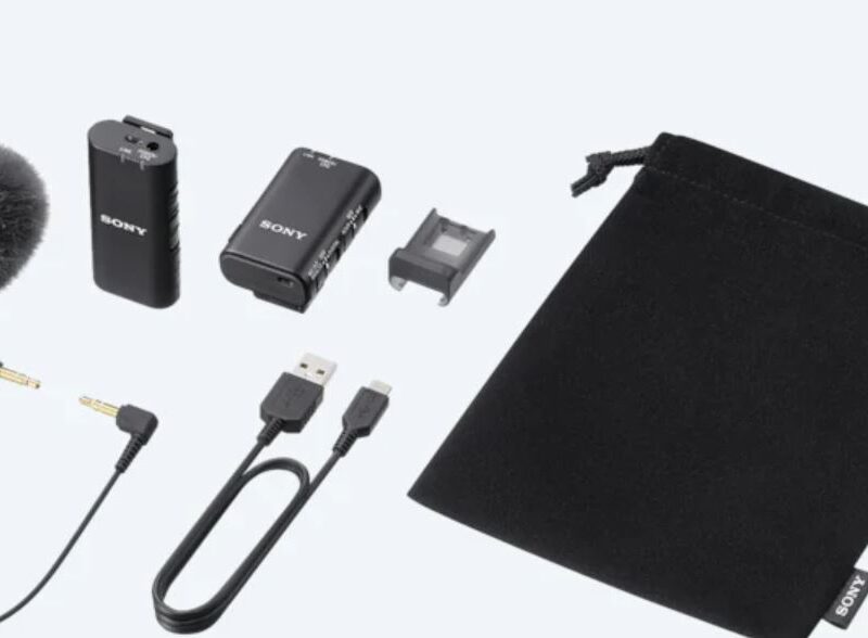 Sony | Wireless Bluetooth Microphone | ECM-W2BT | Omnidirectional; Clear, cable-free digital transmission; High-quality audio transmission from microphone to receiver; 9 hours battery life; Stable, uninterrupted audio recording; Safeguards to prevent recording failures; Product image showing the 3.5mm stereo mini-jack on top of the transmitter Expandability with 3.5mm stereo mini-jack - Image 3