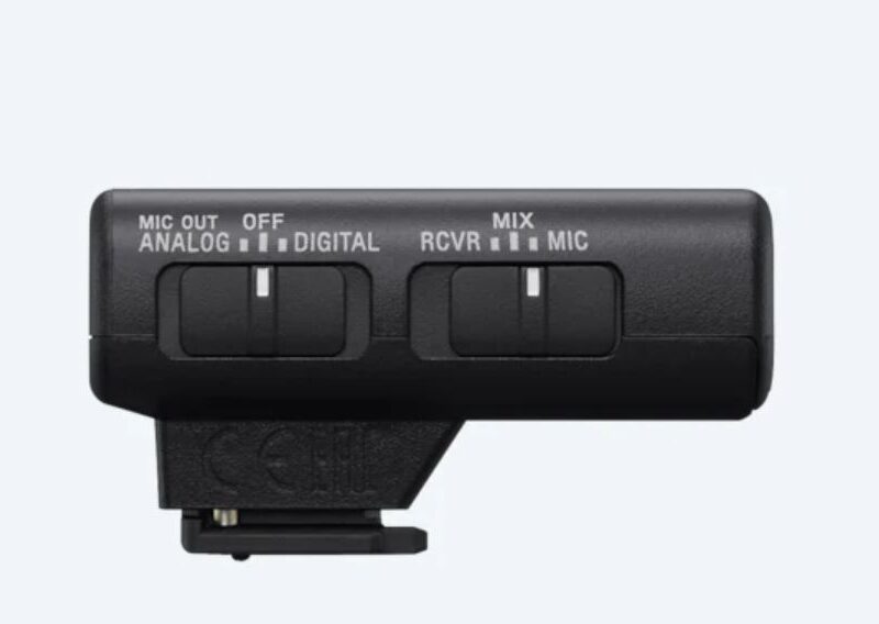 Sony | Wireless Bluetooth Microphone | ECM-W2BT | Omnidirectional; Clear, cable-free digital transmission; High-quality audio transmission from microphone to receiver; 9 hours battery life; Stable, uninterrupted audio recording; Safeguards to prevent recording failures; Product image showing the 3.5mm stereo mini-jack on top of the transmitter Expandability with 3.5mm stereo mini-jack - Image 5