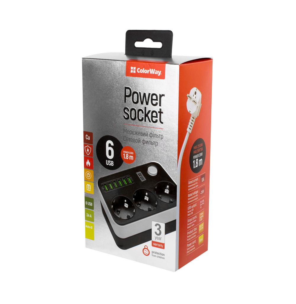 10 A | Power Socket :3 EU plugs/6USB Blac | CW-CHE36B | Black | 1.8 m - Image 2