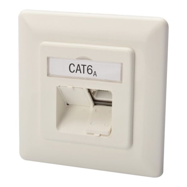 Digitus CAT 6A Class EA network outlet,shielded,2xRJ45,LSA pure white, flush mount, horizontal cable install. | CAT 6A Class EA network outlet, shielded