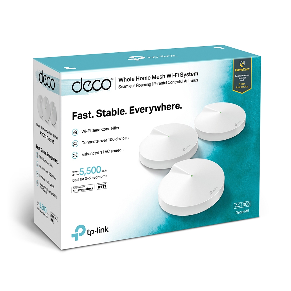 AC1300 Whole Home Mesh Wi-Fi System | Deco M5 (3-pack) | 802.11ac | 867+400 Mbit/s | 10/100/1000 Mbit/s | Ethernet LAN (RJ-45) ports 2 | Mesh Support Yes | MU-MiMO Yes | No mobile broadband | Antenna type 4xInternal per Deco uni - Image 7