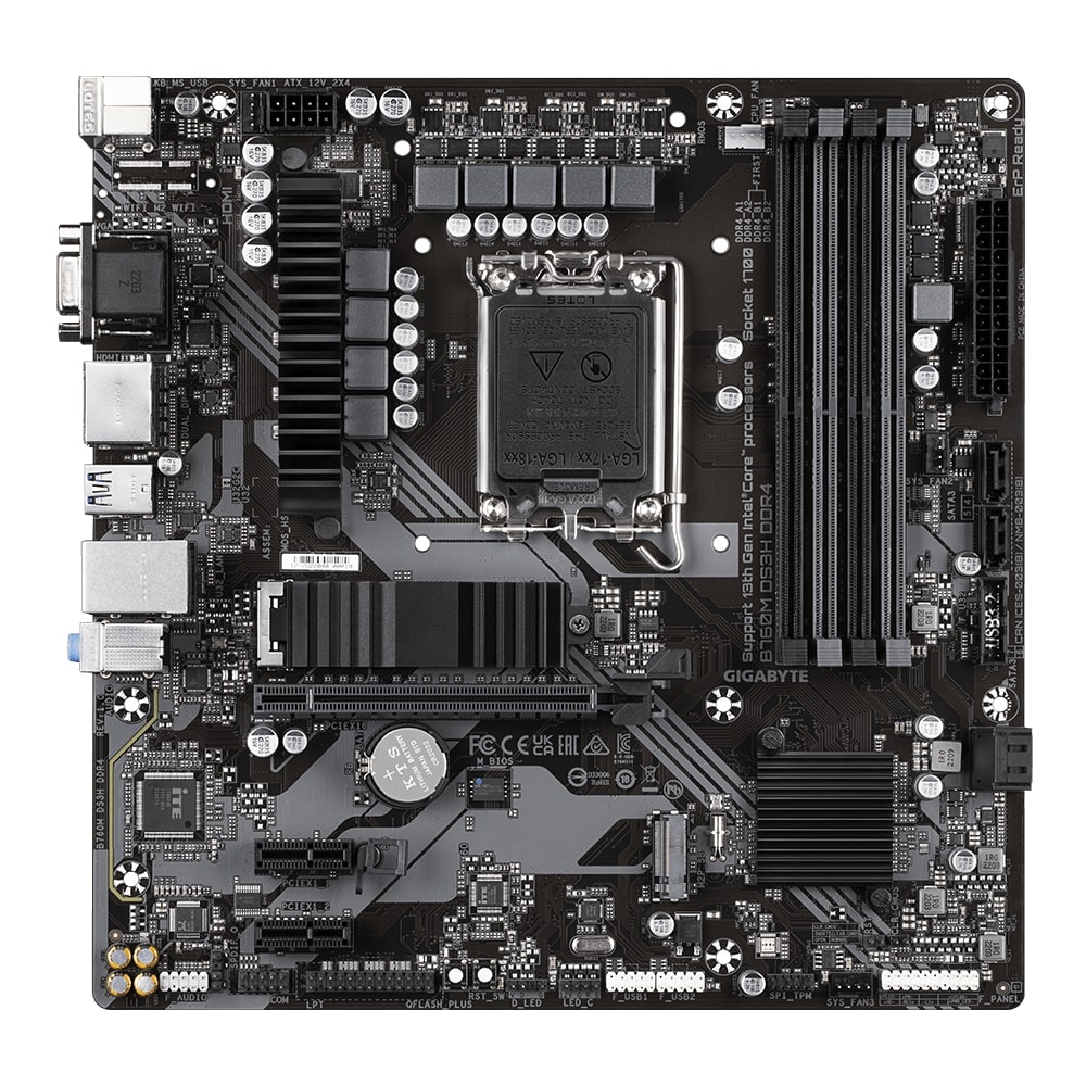 Gigabyte | B760M DS3H DDR4 1.0 M/B | Processor family Intel | Processor socket LGA1700 | DDR4 DIMM | Memory slots 4 | Supported hard disk drive interfaces SATA, M.2 | Number of SATA connectors 4 | Chipset Intel B760 Express | Micro ATX