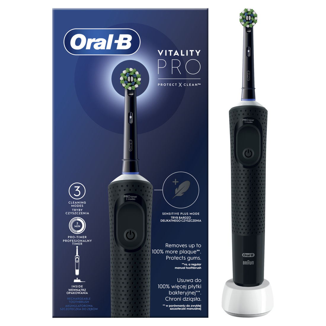 Oral-B | Electric Toothbrush | D103 Vitality Pro | Rechargeable | For adults | Number of brush heads included 1 | Number of teeth brushing modes 3 | Black - Image 2