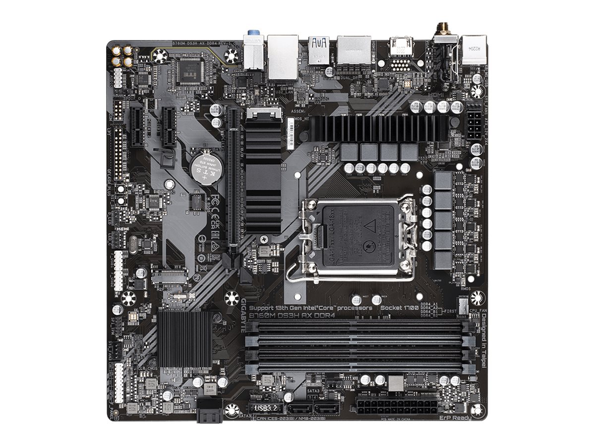 Gigabyte | B760M DS3H AX DDR4 1.0 M/B | Processor family Intel | Processor socket LGA1700 | DDR4 DIMM | Memory slots 4 | Supported hard disk drive interfaces SATA, M.2 | Number of SATA connectors 4 | Chipset Intel B760 Express | Micro ATX - Image 2